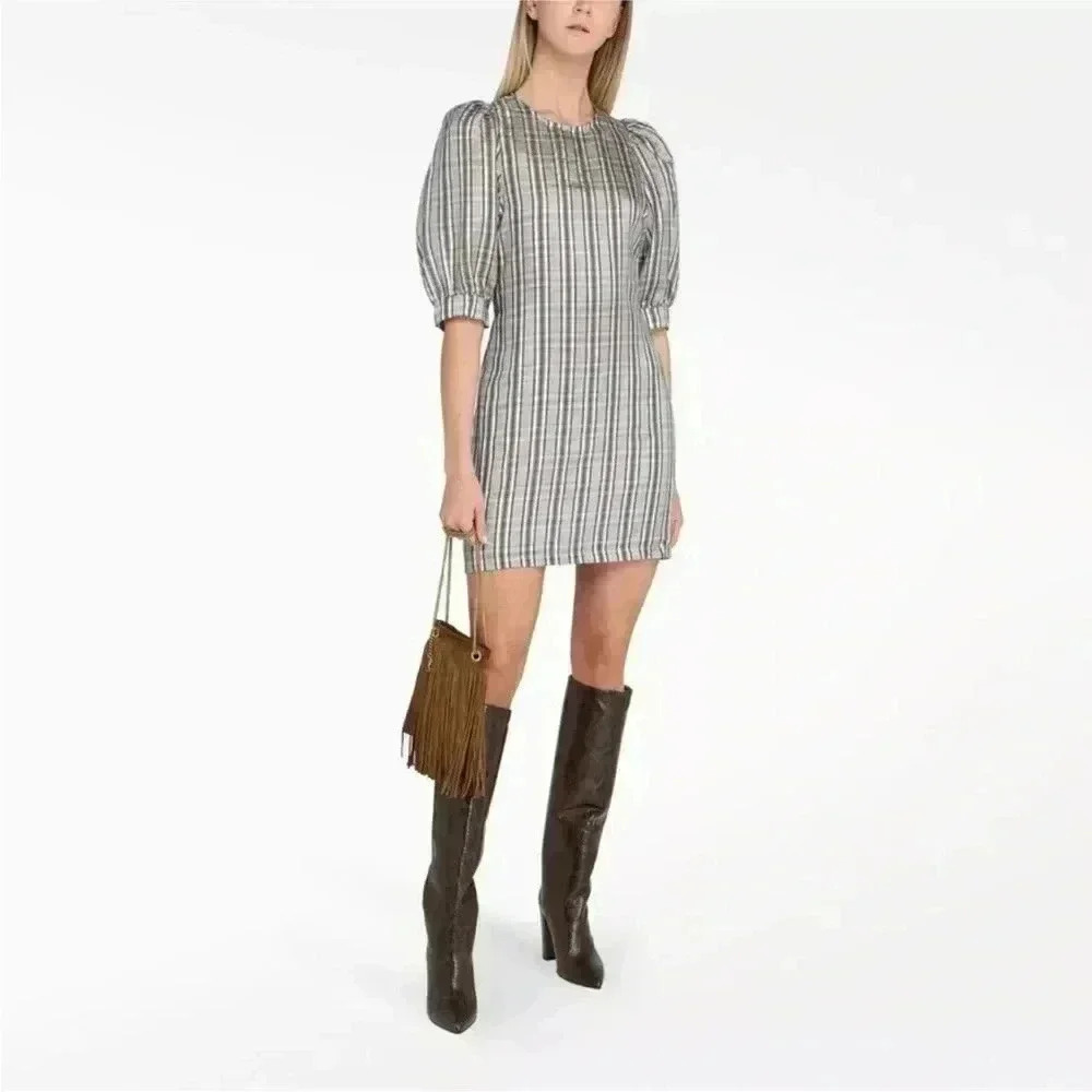 SAMSOE SAMSOE Gold Check Stripe 3/4 Puff Sleeve Celestine Back Button Dress